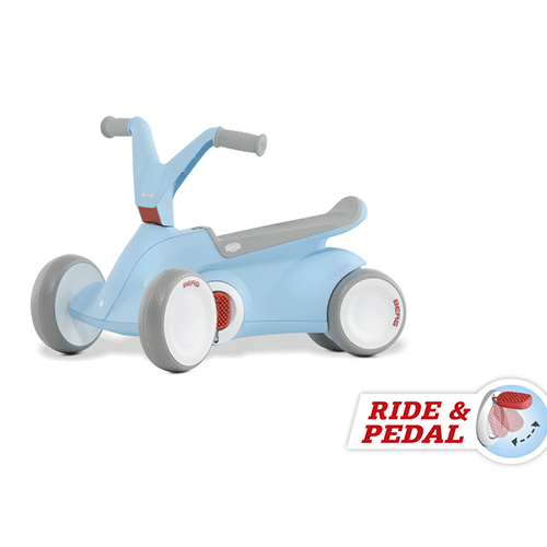 The BERG GO² is BERG's smallest go-kart for children from 10-30 months, but do not underestimate this tiny go-kart. Your toddler will learn to scoot or pedal much faster! Due to its design, your child can easily use the BERG GO² as a push car without the pedals or the rear wheels getting in the way. Fold down the pedals when your child is ready for the next stage. You do not need to worry about your child tipping over because the four wheels of the BERG GO² keep it firmly grounded. A safe solution! The design and the material of the BERG GO² ensure that this go-kart is perfectly suited to your child’s age. Neither the saddle nor the steering wheel need adjusting because your child always sits perfectly on the BERG GO². Your tiny tot can easily set off on this go-kart due to the lightness of the pedalling action and the direct drive. The saddle is designed to prevent your youngster from slipping off the seat. Silent whisper tyres mean that the G02 can be used inside and out without making too much noise. In short, the 2 in 1 BERG GO² is the best choice because not only does it make playing fun, it also helps your child’s development.
