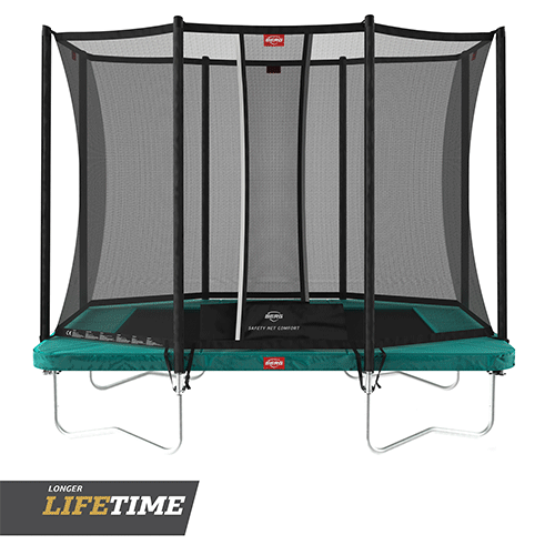 BERG Ultim Favorit Regular 280 Rectangle Trampoline with Safety Net Comfort The Rectangular shape of this trampoline makes it ideal for smaller gardens. Goldspring solo springs, strong frame and sturdy protective edge allow you to make great jumps. Protective edge is UV protected and thicker, hence safer, than other trampoline brands.