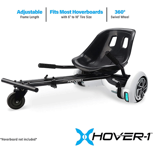 Hover-1 Buggy Attachment for Transforming Hoverboard Scooter into Go-Kart Hand-operation gives you full control of your riding experience Independent rear wheel drive allows for quick turns and reverse driving Adjustable frame length, Adjustable straps to securely attach buggy to electric scooter Compatible with most electric scooters with 6 inch - 8. 5 inch tires Does not include hover board