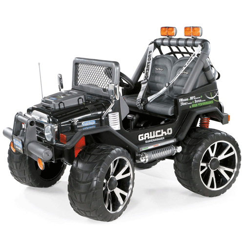 The Gaucho XP off-road vehicle for children is truly astounding! Lights, sounds, multi-functional radio and a horn are some of the features you'll love, but that’s just the beginning. Gaucho XP will impress you with its amazing Extreme Performance (XP). Rest assured, your child is in for a high-performance driving experience. Long lasting and fitted with two 480W motors, 3 year-olds and up will enjoy endless fun, guaranteed. A genuine all-Italian gem, Gaucho XP operates with a 24V/8Ah/200Wh rechargeable battery. Real LED lights in the front lamps and the three roll-bar lamps. The lights switch on by pressing the START button or the accelerator pedal. A battery saver switches them off automatically after 3 minutes of inactivity. The horn really does beep and the dashboard with glove compartments takes the game up a notch. The START button switches on the roaring engine sound and the lights. A LED light indicates how charged the battery is, so you can keep your child’s play under control. The multi-functional FM radio allows your child to listen to 4 pre-recorded tunes or their favourite radio stations through the auto-store function. The radio also has a port for an MP3 player, Micro SD card or USB (not included). XP means Extreme Performance: lots more power, so as to play for longer and travel on any terrain, no matter how uneven. Even on sand, entertainment is guaranteed through a 24V/200Wh rechargeable battery operating two 480W motors. The gear stick offers two forward speeds (4 or 8 km/h) and reverse drive. The higher speed can be blocked until your child has grown accustomed to driving. Fastened on the hood, it contains everything your child needs for a great adventure without any nasty surprises! The tool kit includes toy tools: a hammer, a ratchet, a wrench and a dual screwdriver (flat blade or Phillips). The adjustable rear view mirrors actually work. Moreover, other intricate details, like the meshed windscreen, front bumper and aerial, make the vehicle one of a kind. Like in a real vehicle, a solid steering rack makes sure your child is never left stranded, and ensures precise, safe steering. To operate the vehicle, simply press the accelerator pedal. Releasing the pedal will automatically bring the vehicle to a gentle stop. High wheels with sculpted tread offer great traction for safe off-road travel, even on gravel and uneven terrain, for adventures without limits! A powerful two-wheel drive allows the off-road vehicle to tackle slopes of up to 17% and to tow the Adventure Trailer (accessory), even when fully loaded. Shock absorbers make for a smooth, comfortable trip, even on the roughest terrain. The two seats are independent and adjustable in two positions. The faux leather lining offers extra comfort, and the two adjustable seat belts protect against sudden jolts. Maximum transportable weight: 60 kg.